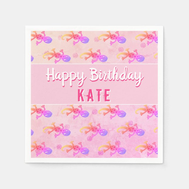 Cute Pink Lizard Gecko Girly Birthday Party Napkins (Front)