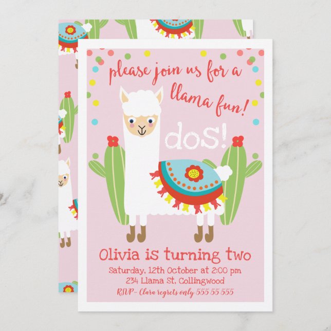Cute Pink Llama Cactus Birthday Invitation (Front/Back)