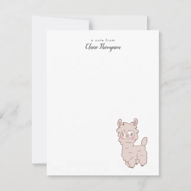 Cute Pink Llama Cartoon Note Card | Zazzle