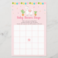 Cute Pink Llama  Fiesta Baby Shower Bingo Game