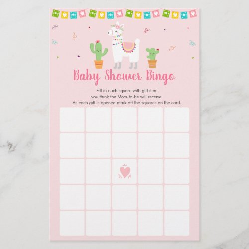 Cute Pink Llama  Fiesta Baby Shower Bingo Game