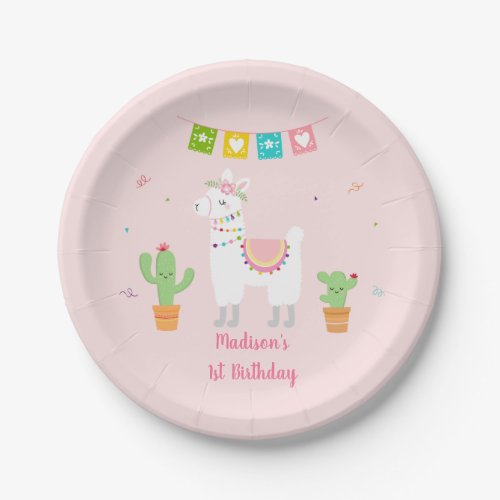 Cute Pink Llama Fiesta Cactus Birthday Paper Plates