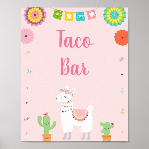 Cute Pink Llama Fiesta Cactus Taco Bar Sign
