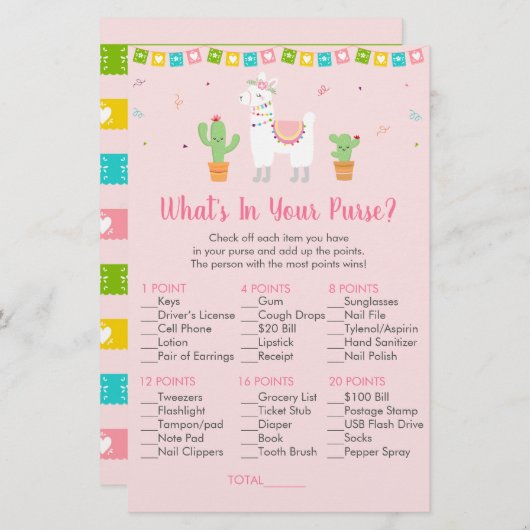 Cute Pink Llama Fiesta What's In Your Purse Game (Front/Back)