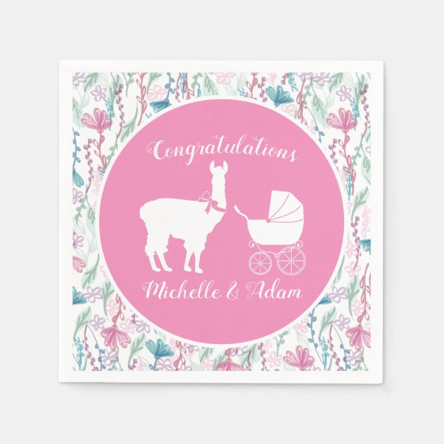 Cute Pink Llama Girl Baby Shower  Napkins (Front)
