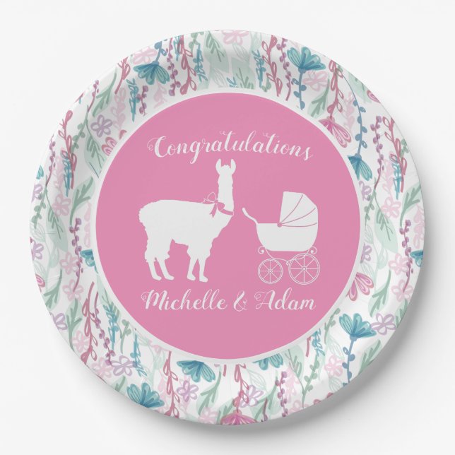 Cute Pink Llama Girl Baby Shower  Paper Plates (Front)