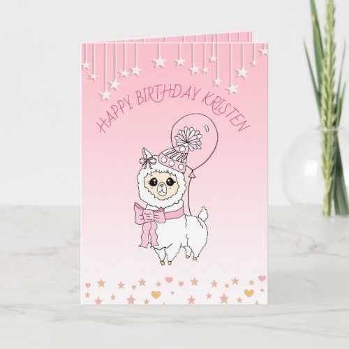 Cute Pink Llama Girls Personalized Happy Birthday Card