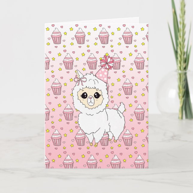 Cute Pink Llama Girl's Personalized Happy Birthday Card (Front)