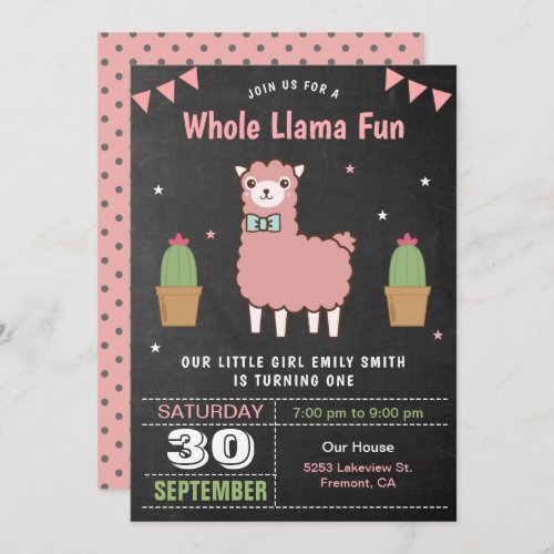 Cute Pink Llama Kids Birthday Party Invitation