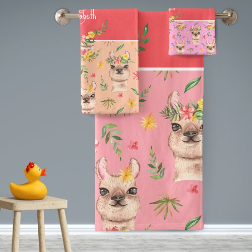 Cute Pink Llama Pattern for Little Girls Bathroom Bath Towel Set
