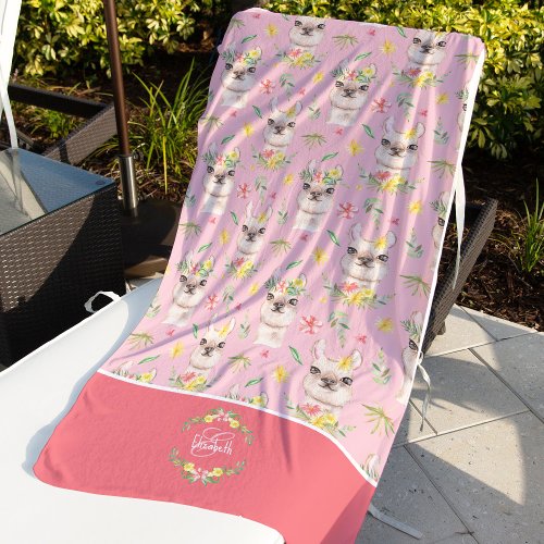 Cute Pink Llama Pattern for Little Girls Beach Towel