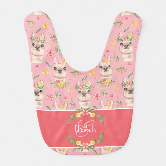 Cute Pink Llama Pattern Girls Monogrammed Baby Bib (Front)