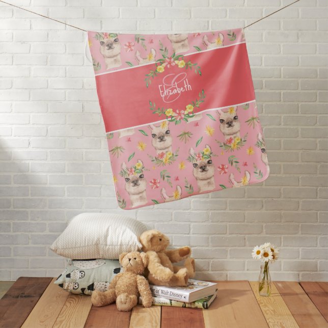 Cute Pink Llama Pattern Girls Monogrammed Baby Blanket (In Situ)