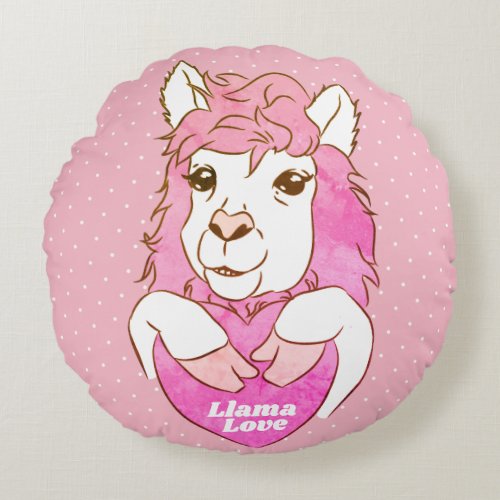 Cute Pink Llama Sketch  Polka Dots Llama Love Round Pillow