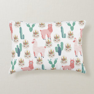 Cute Pink Llama's and Green Cactus Accent Pillow
