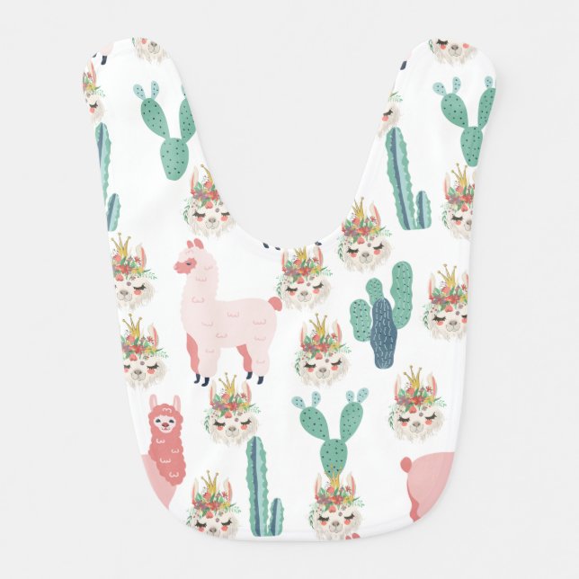 Cute Pink Llama's and Green Cactus Baby Bib (Front)