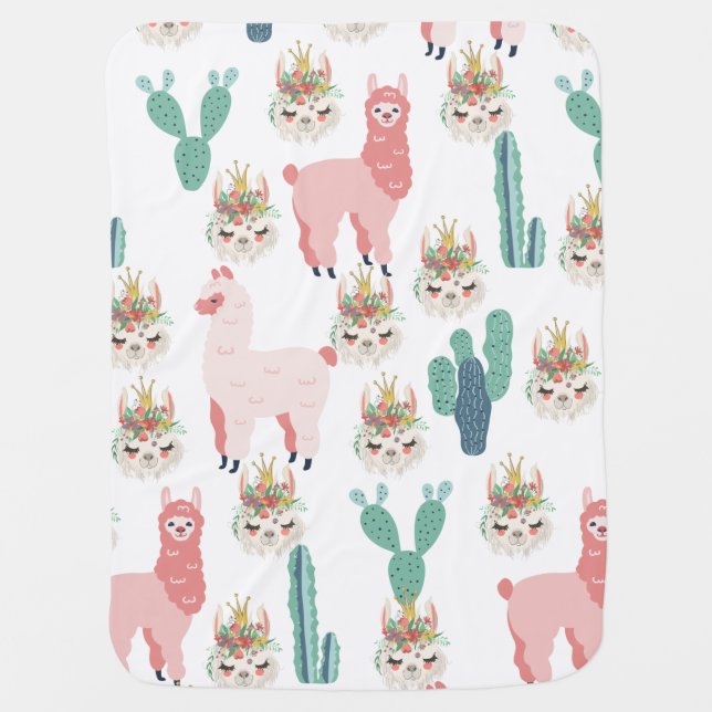 Cute Pink Llama's and Green Cactus Baby Blanket (Front)