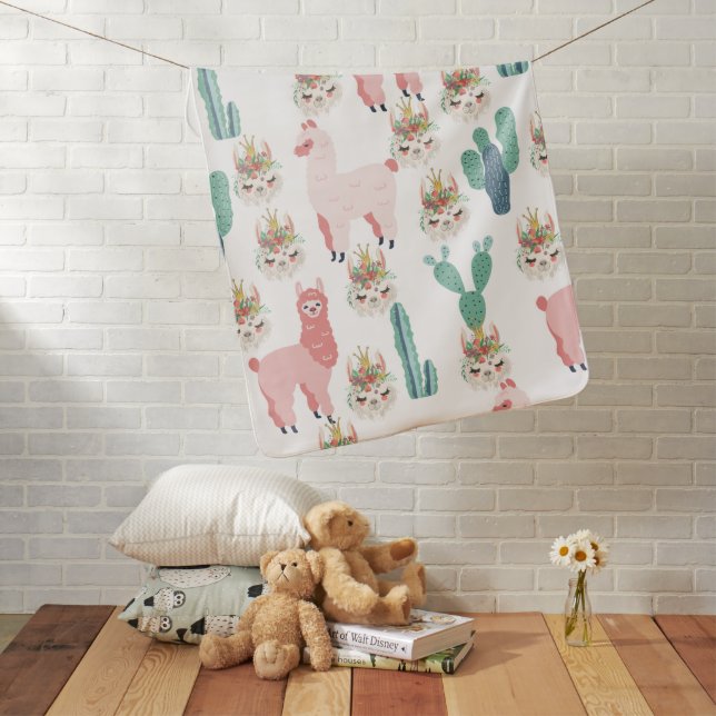 Cute Pink Llama's and Green Cactus Baby Blanket (In Situ)
