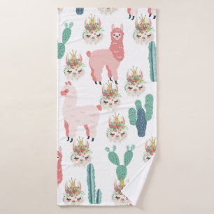 Cute Pink Llama's and Green Cactus Bath Towel