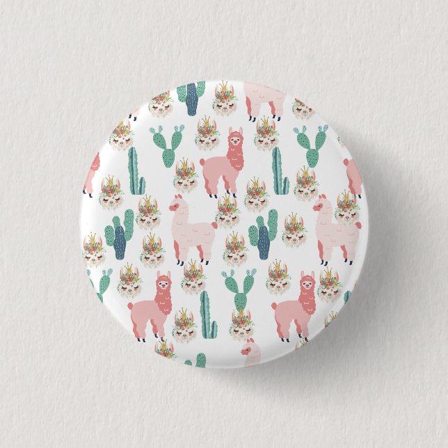 Cute Pink Llama's and Green Cactus Button (Front)
