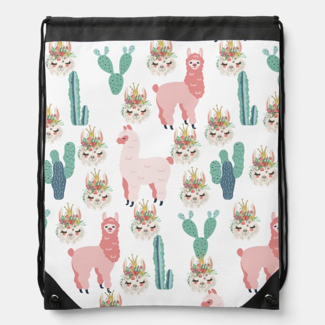 Cute Pink Llama's and Green Cactus Drawstring Bag (Front)