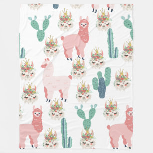 Cute Pink Llama's and Green Cactus Fleece Blanket