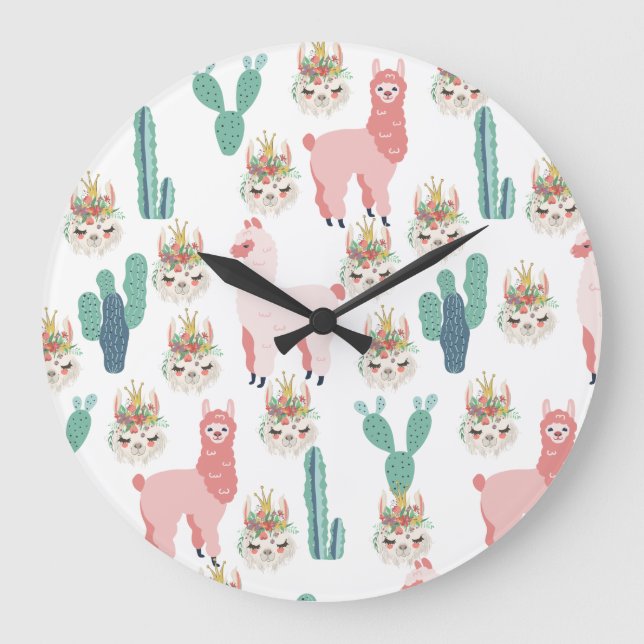 Cute Pink Llama's and Green Cactus Large Clock (Front)