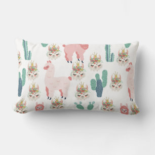 Cute Pink Llama's and Green Cactus Lumbar Pillow
