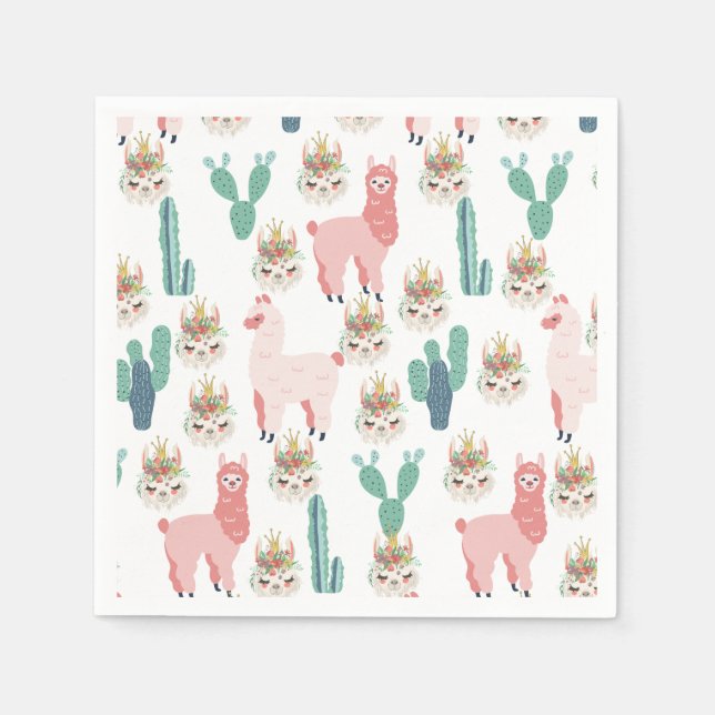 Cute Pink Llama's and Green Cactus Napkins (Front)