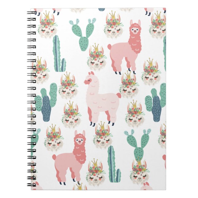 Cute Pink Llama's and Green Cactus Notebook (Front)