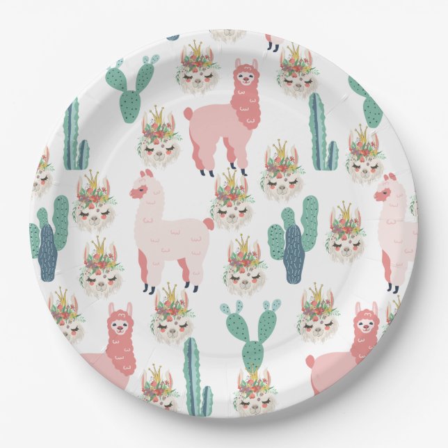 Cute Pink Llama's and Green Cactus Paper Plates (Front)