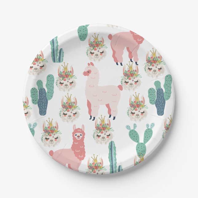Cute Pink Llama's and Green Cactus  Paper Plates (Front)