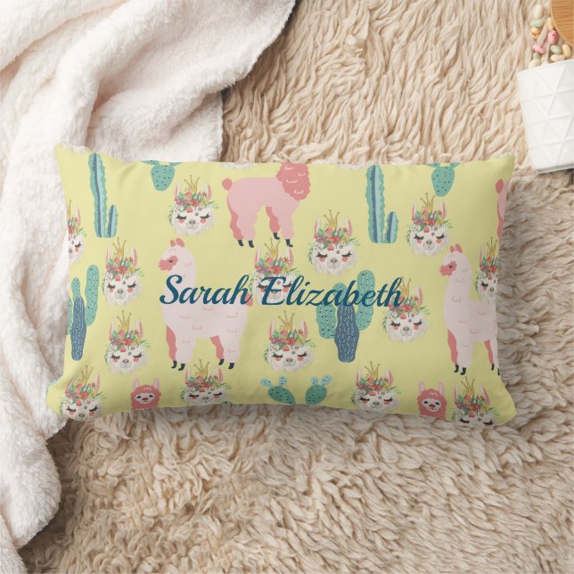 Cute Pink llama's and green cactus Personalized Lumbar Pillow (Blanket)