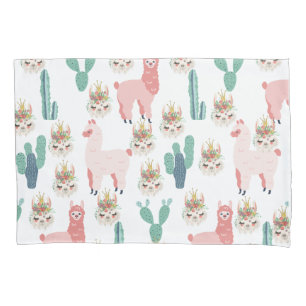 Cute Pink Llama's and Green Cactus Pillow Case
