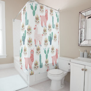 Cute Pink Llama's and Green Cactus Shower Curtain