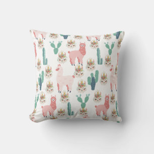 Cute Pink Llama's and Green Cactus Throw Pillow