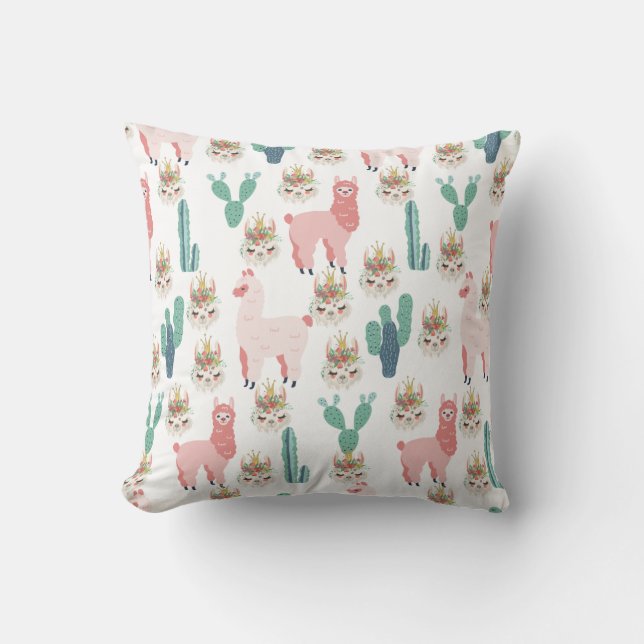 Cute Pink Llama's and Green Cactus Throw Pillow (Front)
