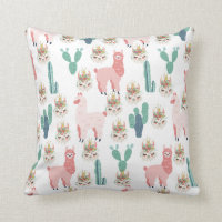 Cute Pink Llama's and Green Cactus Throw Pillow