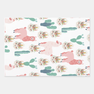 Cute Pink Llama's and Green Cactus Wrapping Paper Sheets
