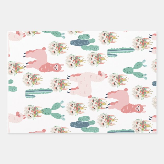 Cute Pink Llama's and Green Cactus Wrapping Paper Sheets (Front)