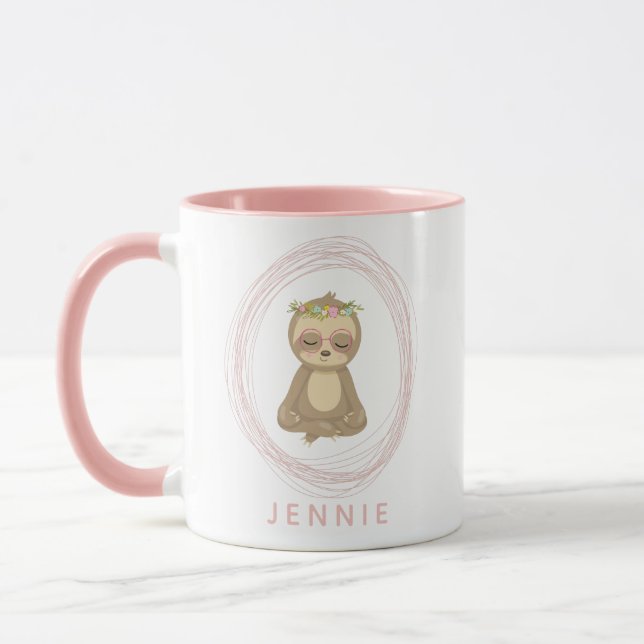 Cute Pink Lotus Yoga Sloth Design Personalized Mug (Left)