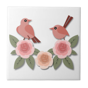 Cute Pink Love Birds and Flowering Roses Ceramic Tile