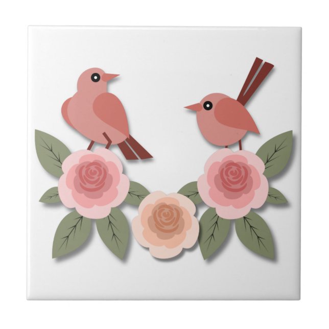 Cute Pink Love Birds and Flowering Roses Ceramic Tile (Front)