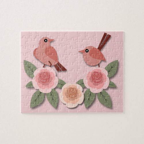 Cute Pink Love Birds and Flowering Roses Jigsaw Puzzle