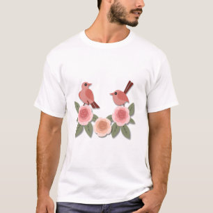 Cute Pink Love Birds and Flowering Roses T-Shirt