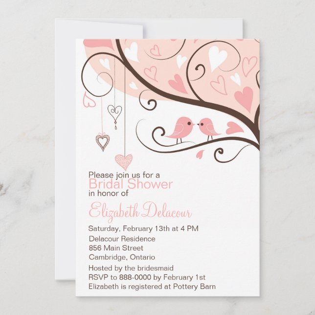 Cute Pink Love Birds Bridal Shower Invitation (Front)
