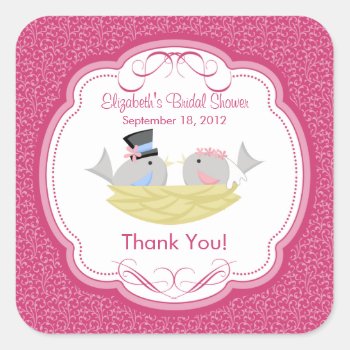 Cute Pink Love Birds Bridal Shower Square Sticker! Square Sticker by celebrateitinvites at Zazzle