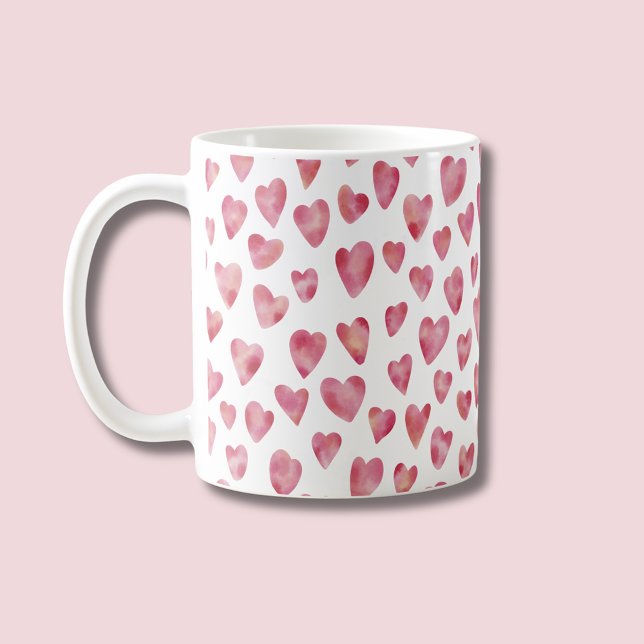 Cute Pink Love Heart Pattern Coffee Mug (Pink watercolor love heart coffee mug)