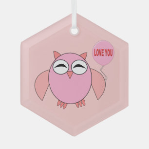 Cute Pink Love You Owl Glass Ornament