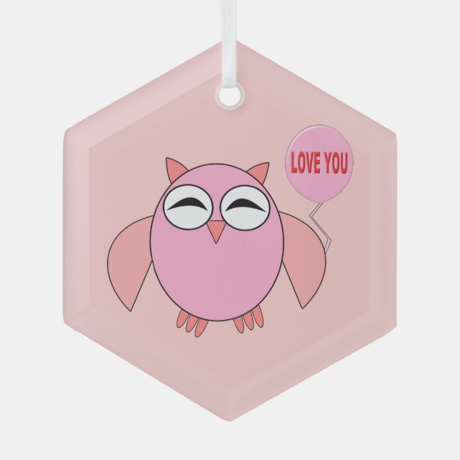 Cute Pink Love You Owl Glass Ornament (Front)